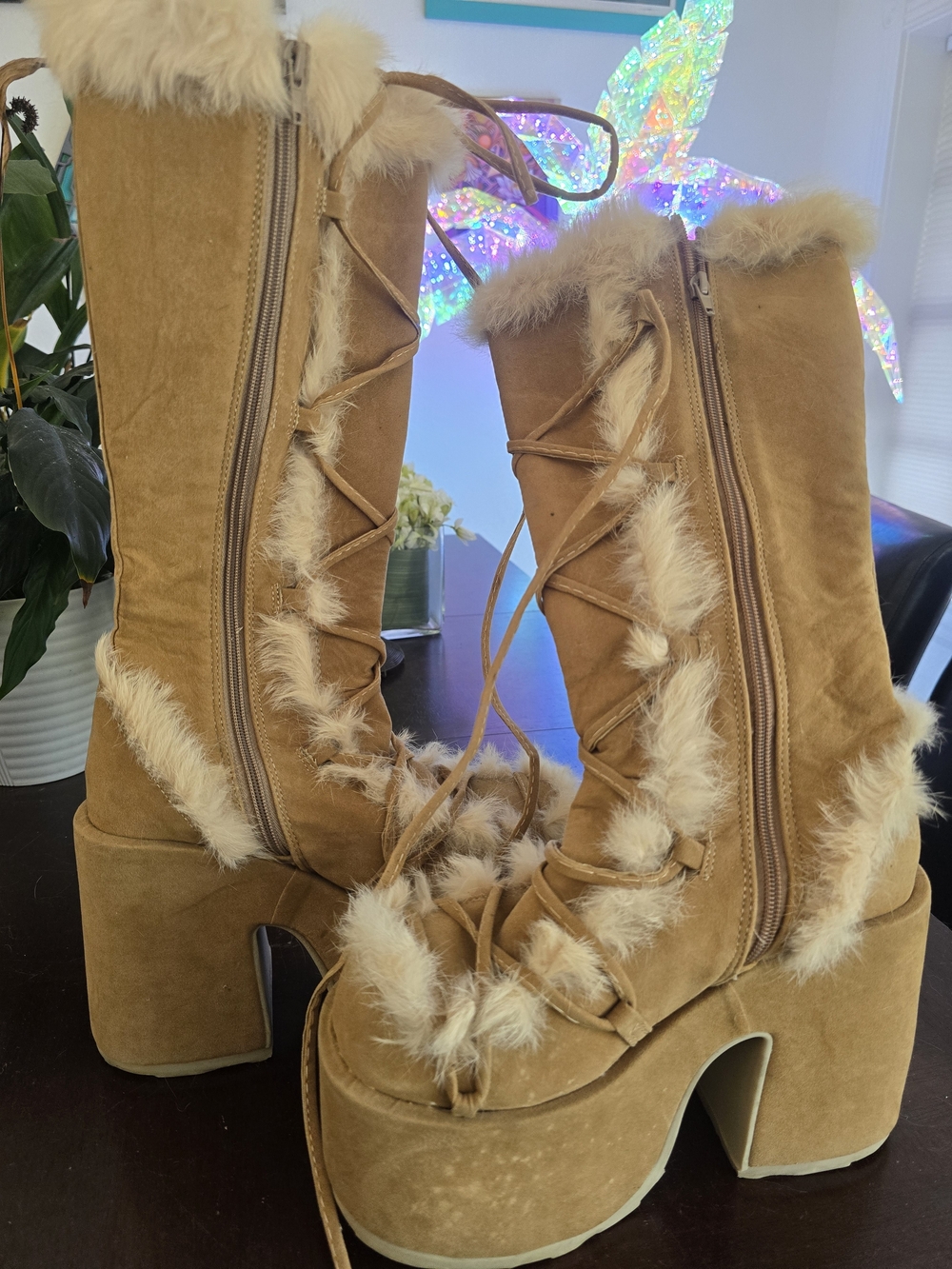 Demonia Size 9 Tan Faux Fur Lace Up Knee High Platform Rave Boots Y2K